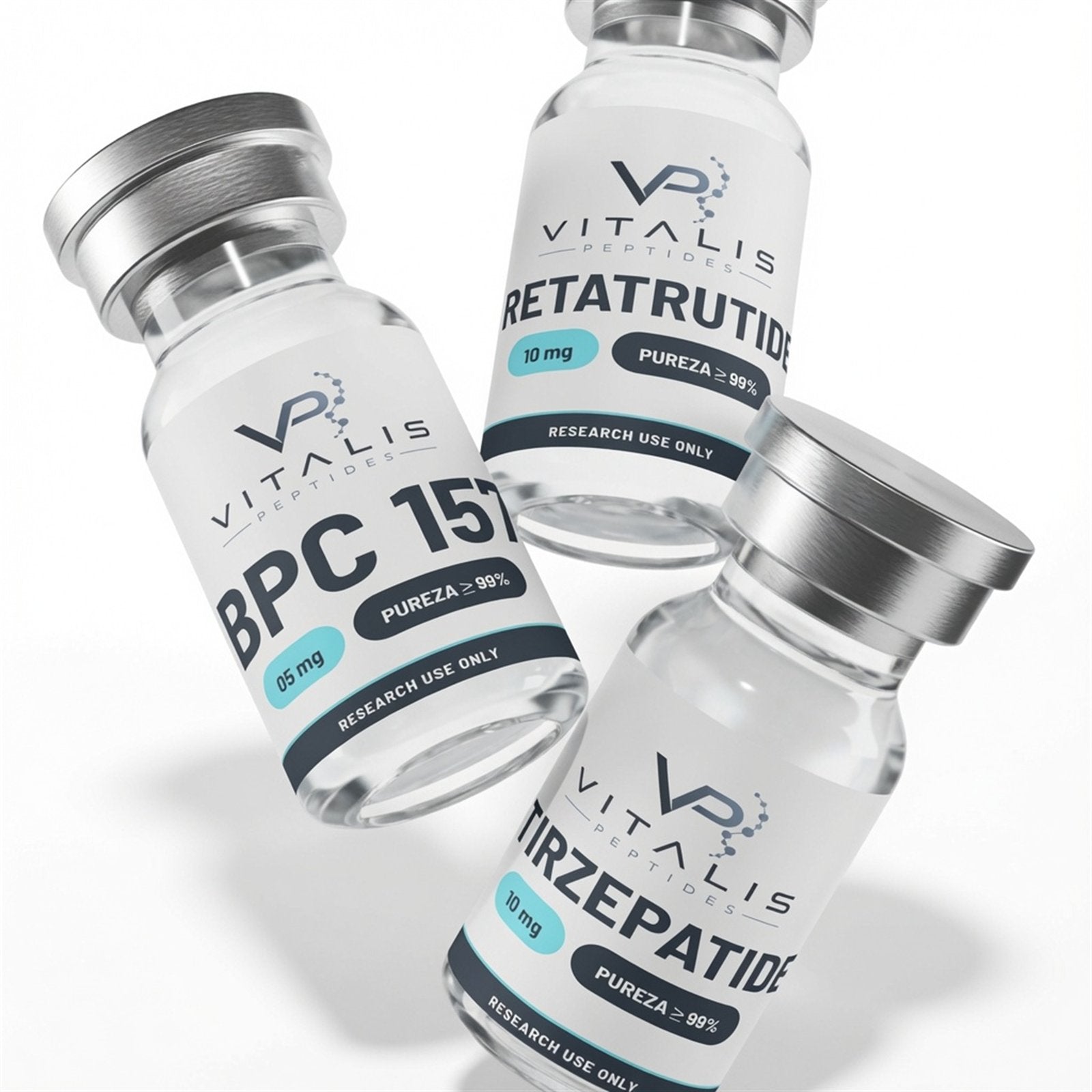 Viales Vitalis Peptides — BPC 157, Retatrutide y Tirzepatide, uso exclusivo en investigación