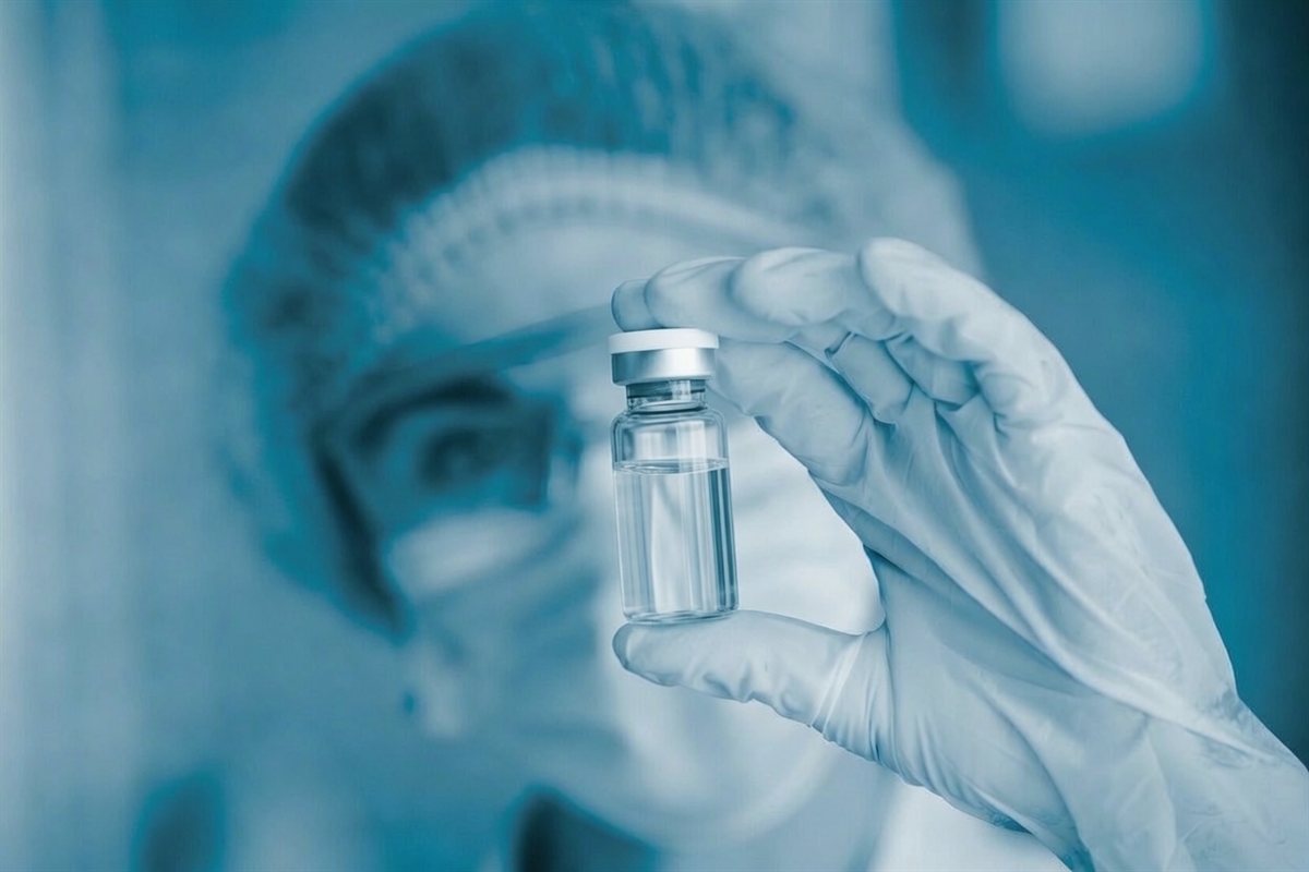 Técnico de laboratorio inspeccionando un vial — control de calidad para investigación